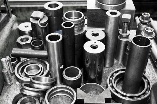 Metals Bars Steel Cylinders Pistons And Tools In Workshop Industry Theme Photo
